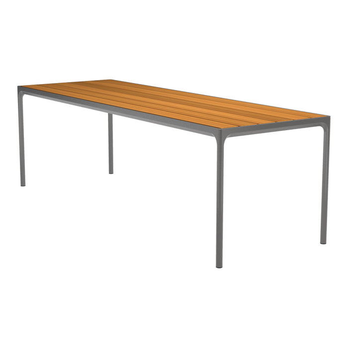 Rectangular outdoor table featuring a warm wood grain top with neutral gray metal legs. Ideal for modern patio decor.