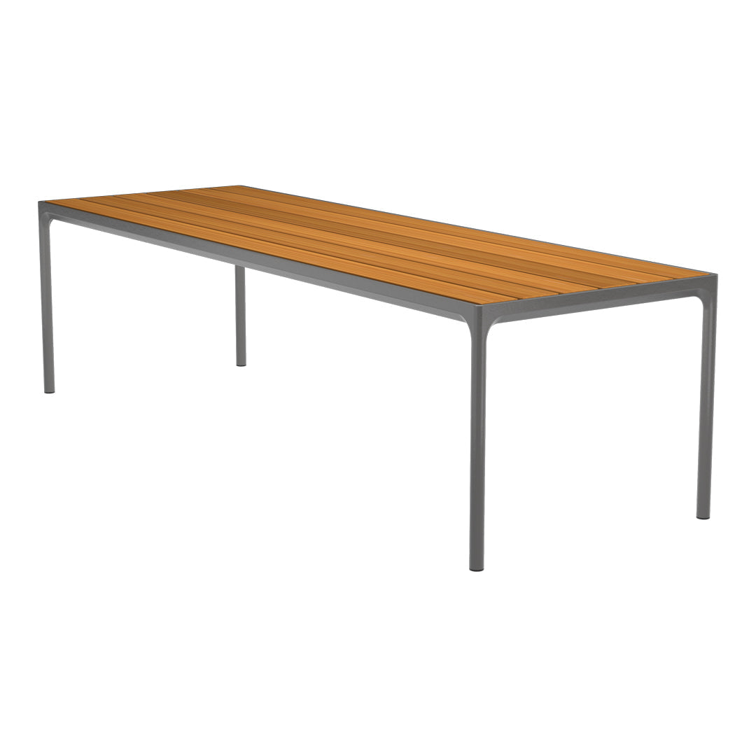 Long rectangular table with a warm brown wooden slat pattern and sleek gray metal legs. Ideal for modern dining spaces.