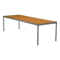 Long rectangular table with a warm brown wooden slat pattern and sleek gray metal legs. Ideal for modern dining spaces.