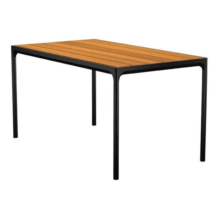 Modern rectangular dining table featuring a warm wooden top and sleek black metal legs. Ideal for contemporary spaces.