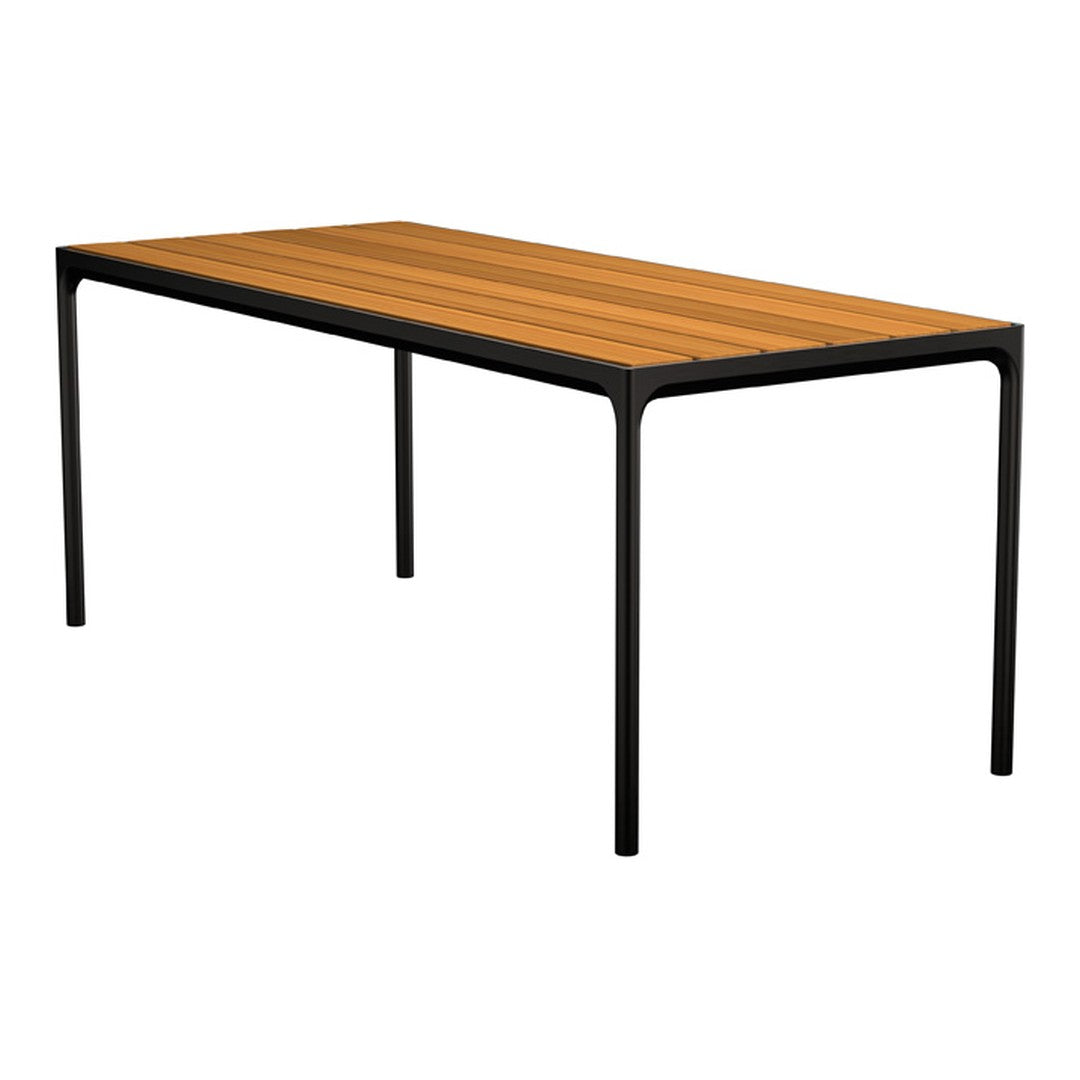 Rectangular dining table with a warm brown wood slatted top and sleek black metal legs, perfect for modern decor.
