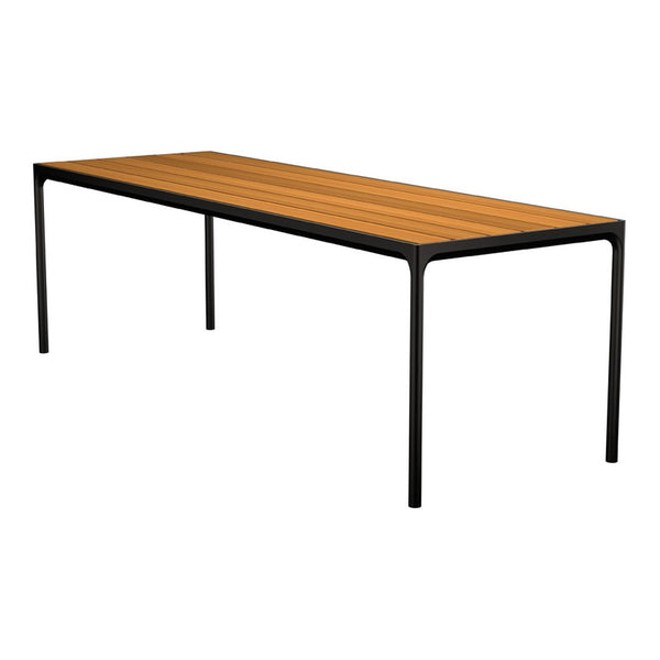 Rectangular dining table with a warm wood grain finish and sleek black metal legs for a modern look.