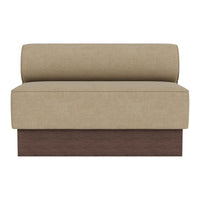 Beige upholstered loveseat with a sleek wood base, featuring a simple, modern design and no distinct patterns.