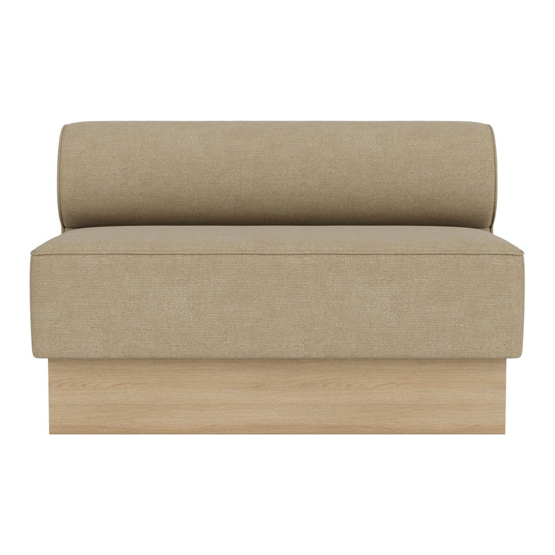 Beige upholstered sofa with a smooth texture and a minimalist wooden base. Simple and modern design.