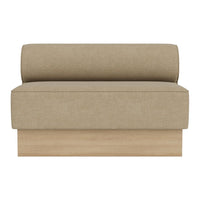 Beige upholstered sofa with a smooth texture and a minimalist wooden base. Simple and modern design.