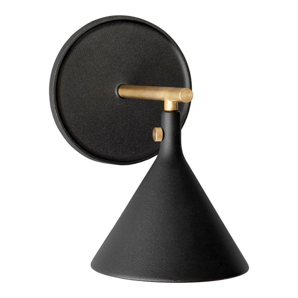 Modern black wall lamp with a sleek conical shape and stylish brass accents. Perfect for contemporary decor.