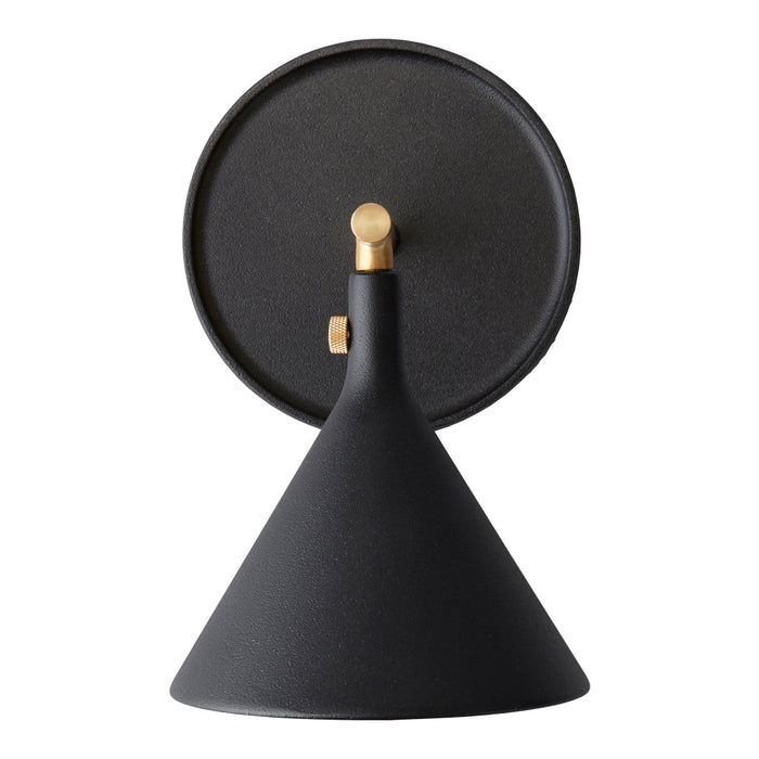 Black cone-shaped lamp base with a circular top and subtle brass accents. Modern, minimalist design.