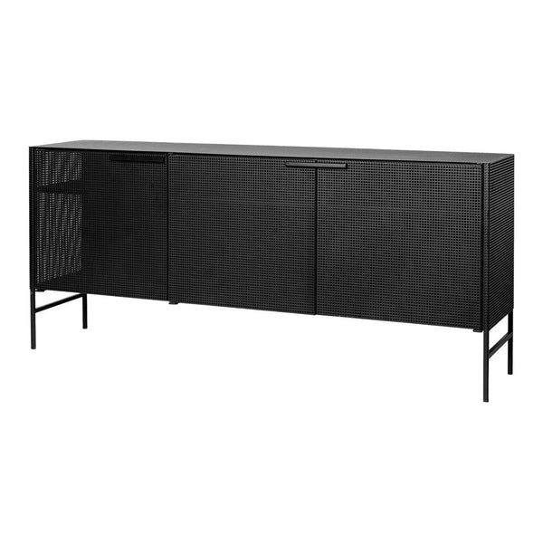 Sleek black sideboard with vertical ribbed pattern and minimalist design, perfect for modern decor.