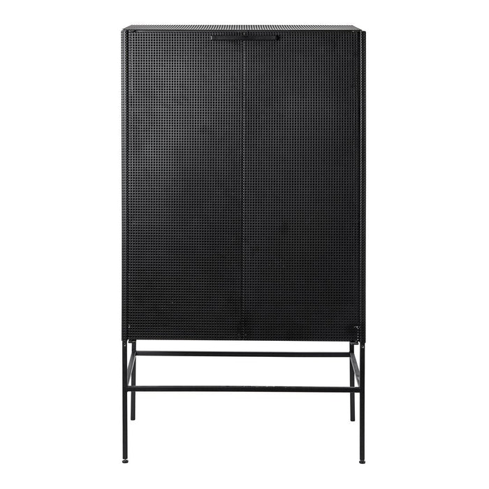 Solid black cabinet with a sleek, minimal design and a matte finish, featuring subtle metallic accents on the legs.
