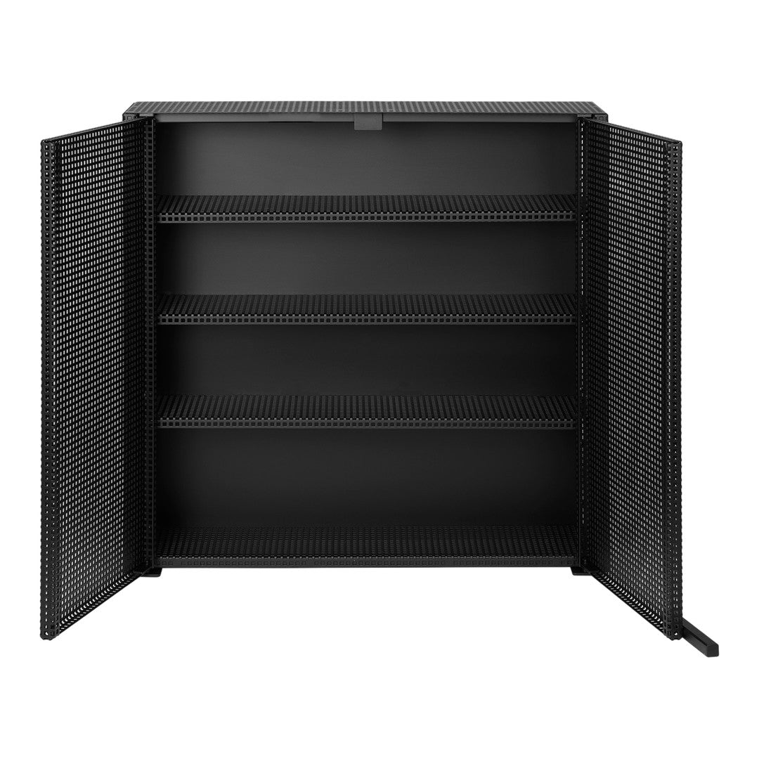 Black metal storage cabinet with perforated pattern and open doors, featuring four spacious shelves.