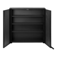 Black metal storage cabinet with perforated pattern and open doors, featuring four spacious shelves.
