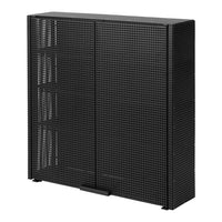 Black mesh cabinet with a modern, perforated pattern, featuring two doors and an open design for stylish storage.