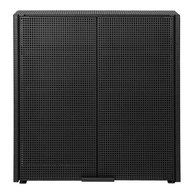 Black perforated storage cabinet with a sleek design and geometric pattern for modern decor.