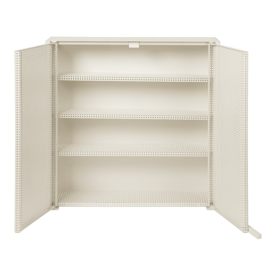 Light beige storage cabinet with a smooth finish, featuring plain shelves and a minimalist design.