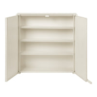 Light beige storage cabinet with a smooth finish, featuring plain shelves and a minimalist design.