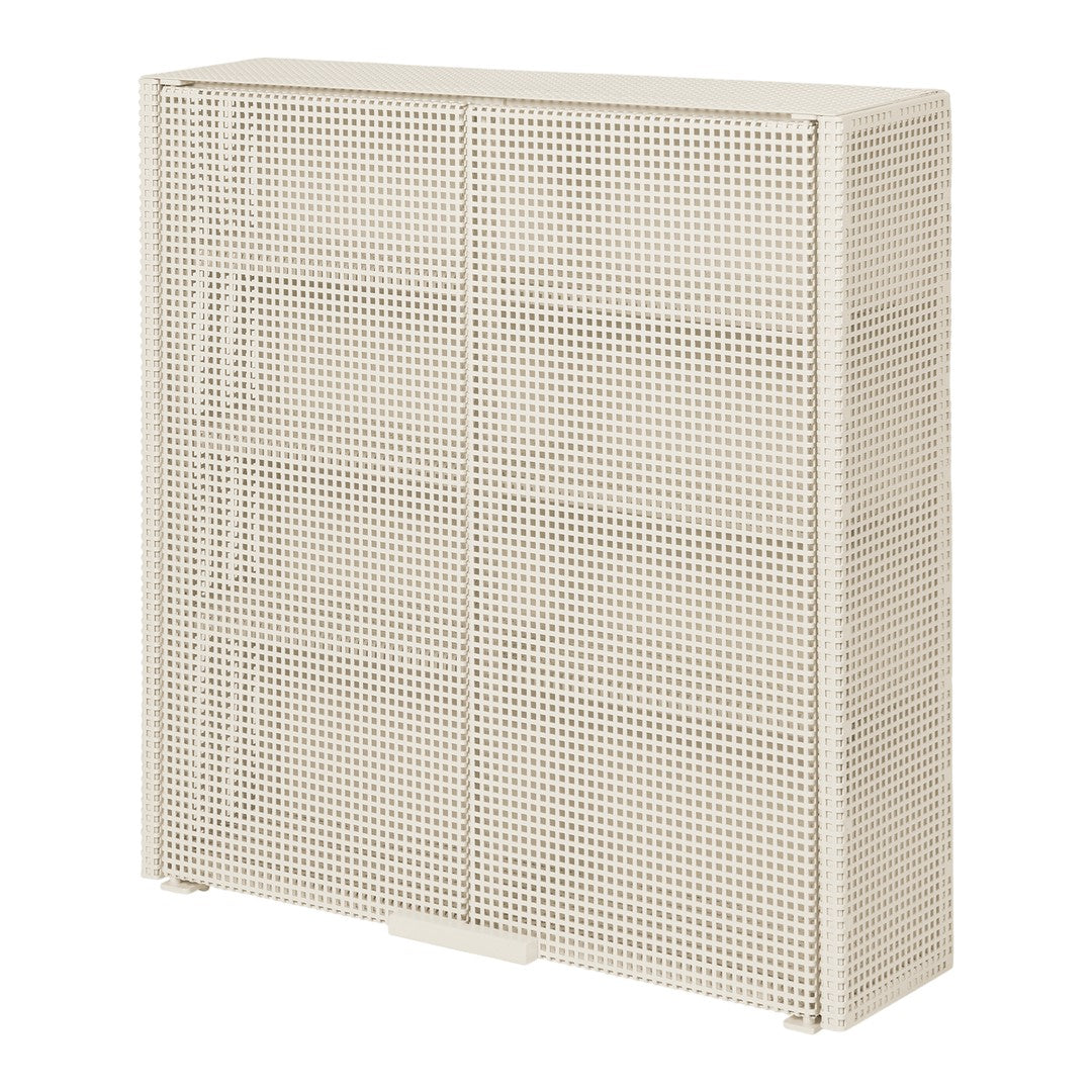 Beige metal mesh storage cabinet with a grid pattern and smooth edges, ideal for modern organization.