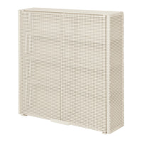 Beige metal mesh storage cabinet with a grid pattern and smooth edges, ideal for modern organization.