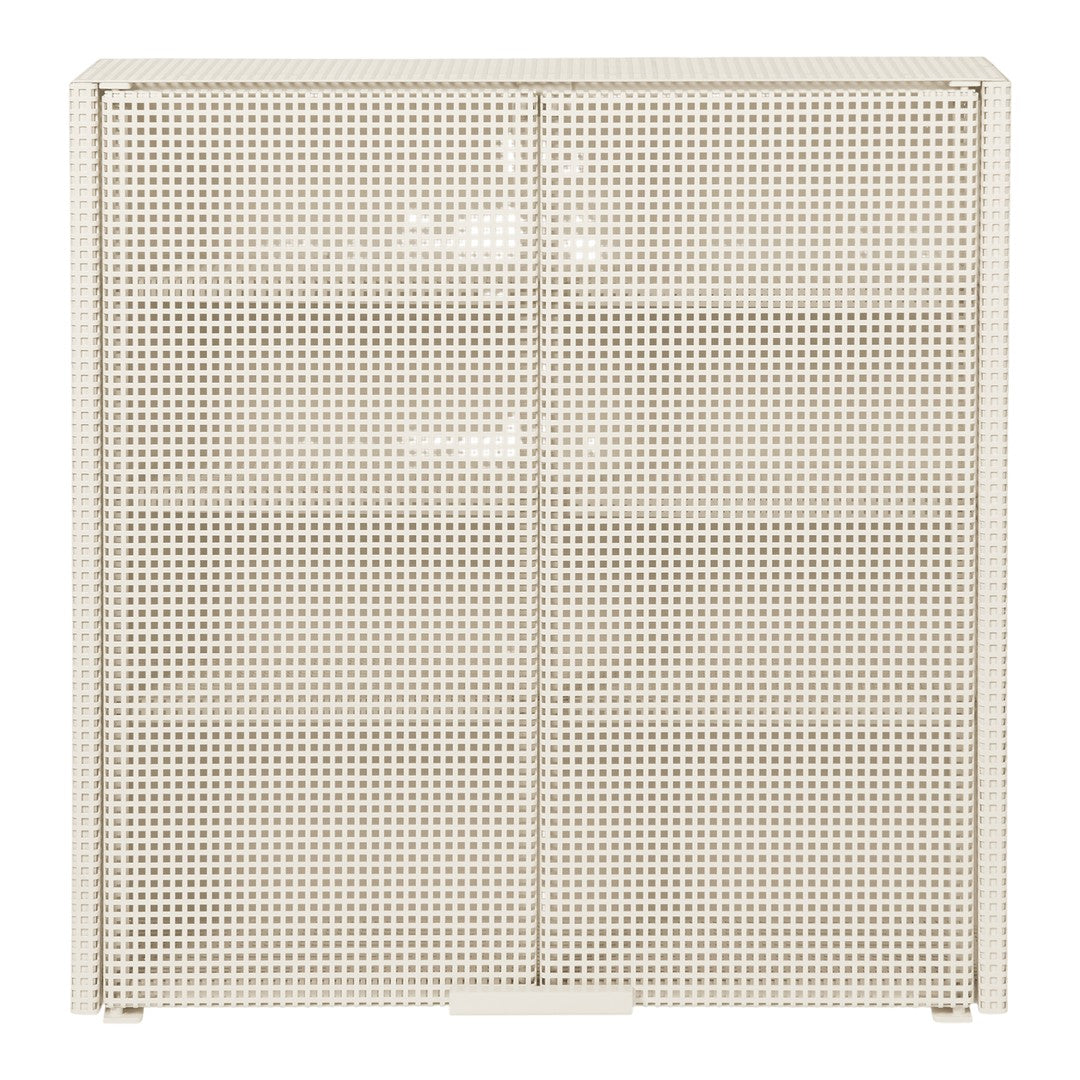Cream-colored cabinet with a perforated pattern, featuring a minimalist design and clean lines.