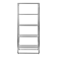 Sleek silver metal shelving unit with four open shelves, featuring a minimalist design and smooth finish.