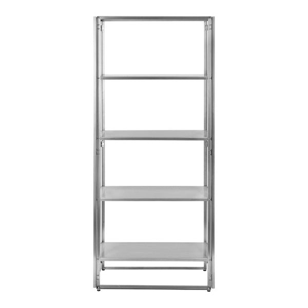 Sleek silver metal shelving unit with four open shelves, featuring a minimalist design and smooth finish.