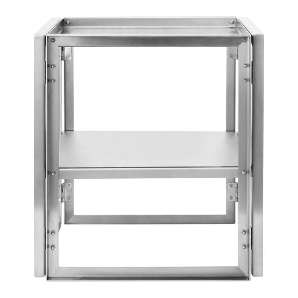 Stainless steel table with a sleek, modern design featuring a brushed finish and clean, minimal lines.