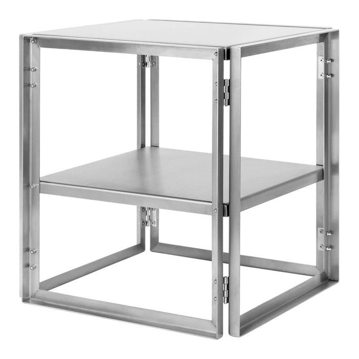 Sleek silver metal shelf with a minimalist design, featuring clean lines and a modern, industrial aesthetic.