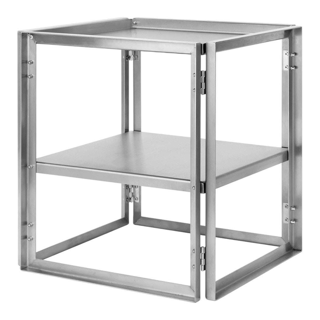Sleek silver metal frame with a minimalist design, featuring two open shelves and clean lines for modern decor.