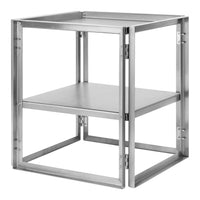 Sleek silver metal frame with a minimalist design, featuring two open shelves and clean lines for modern decor.