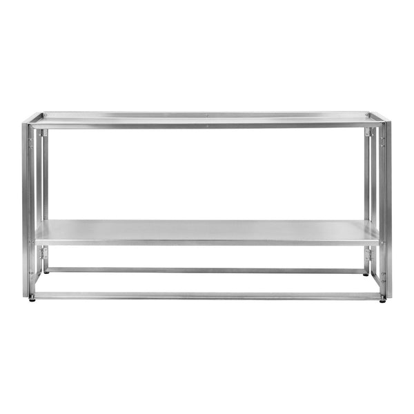 Sleek silver metal console table with a minimalist design and clean lines, featuring two open shelves.