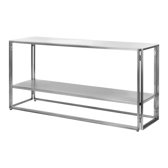 Silver metal console table with two shelves, featuring a sleek, modern design and clean lines.