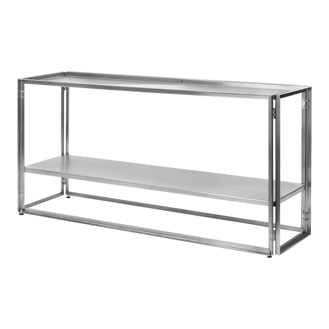 Sleek metal console table with a shiny silver finish and minimalistic design, featuring open shelves.
