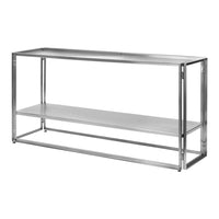 Sleek metal console table with a shiny silver finish and minimalistic design, featuring open shelves.