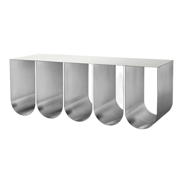 Sleek silver metal console table with a modern curved design and smooth, reflective surface.