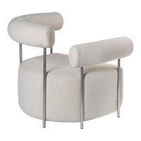 Modern curved chair in soft white upholstery with sleek metal legs, featuring a minimalist and contemporary design.