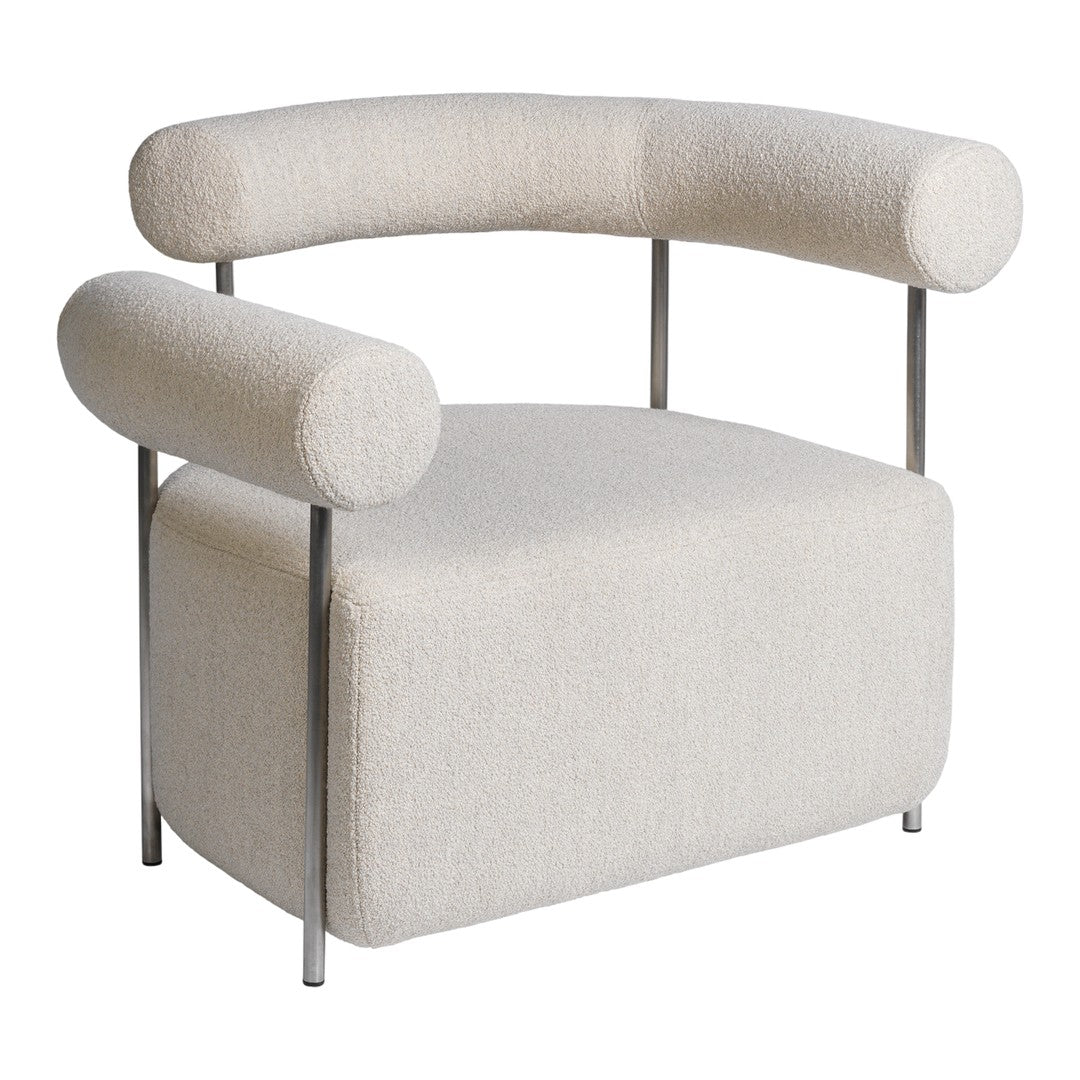 Neutral cream-colored armchair with smooth, rounded arms and a soft, textured fabric finish. Sleek metal frame.