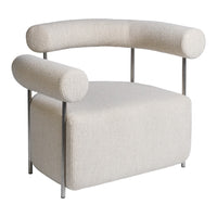 Neutral cream-colored armchair with smooth, rounded arms and a soft, textured fabric finish. Sleek metal frame.