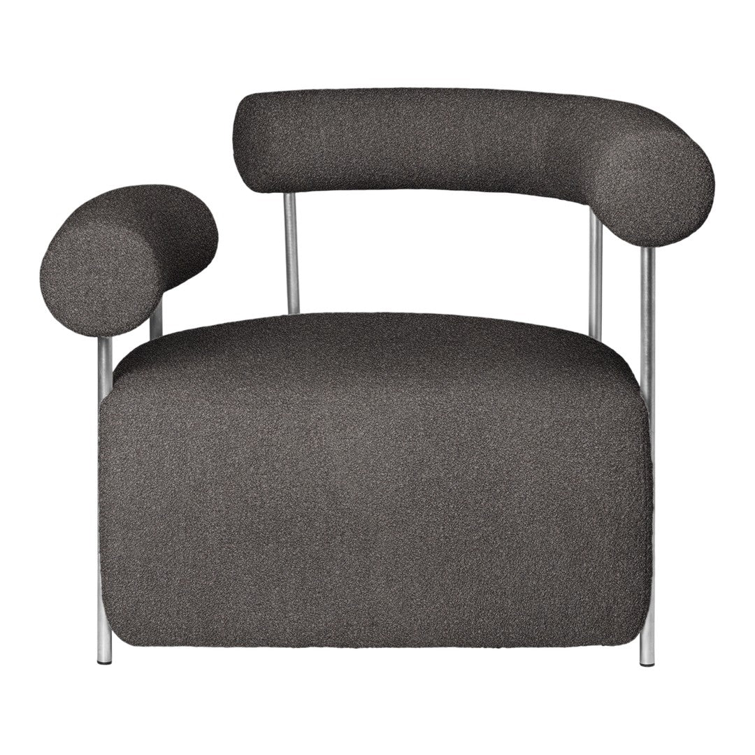 Stylish gray upholstered chair with rounded arms and sleek chrome legs, showcasing a modern, minimalist design.
