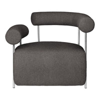 Stylish gray upholstered chair with rounded arms and sleek chrome legs, showcasing a modern, minimalist design.