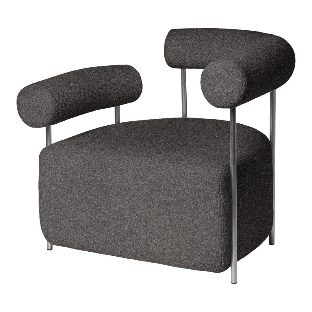 Stylish gray armchair with rounded armrests and minimalist metal frame, perfect for modern decor.