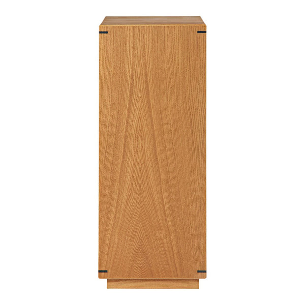 Light wood storage cabinet with a smooth, natural grain pattern and black accents. Ideal for modern spaces.