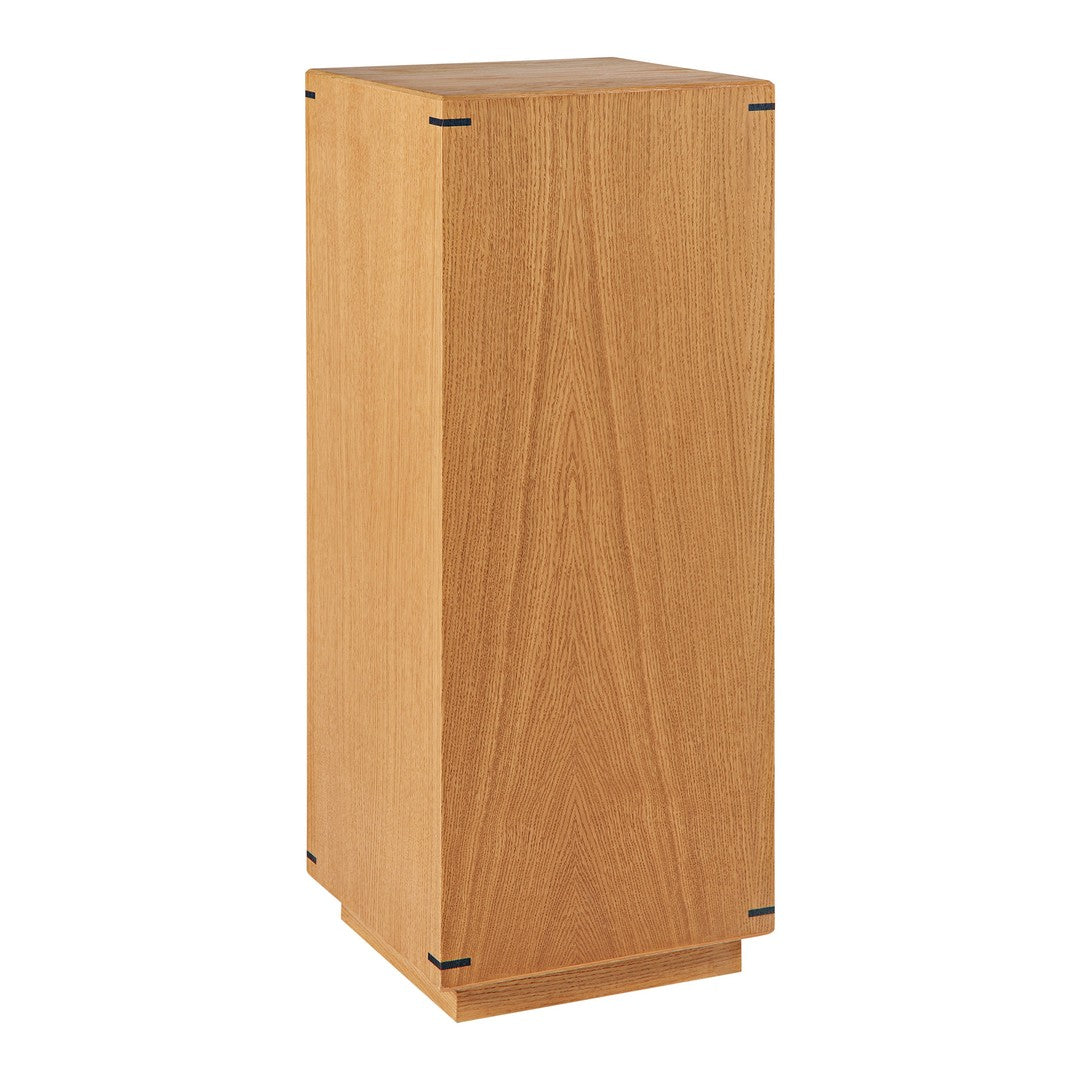 Wooden pedestal table in warm oak finish with subtle grain pattern and black accents. Perfect for modern decor.