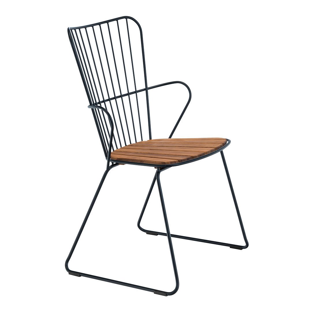 Black metal chair with a striped backrest and warm wooden seat, combining modern design with natural elements.