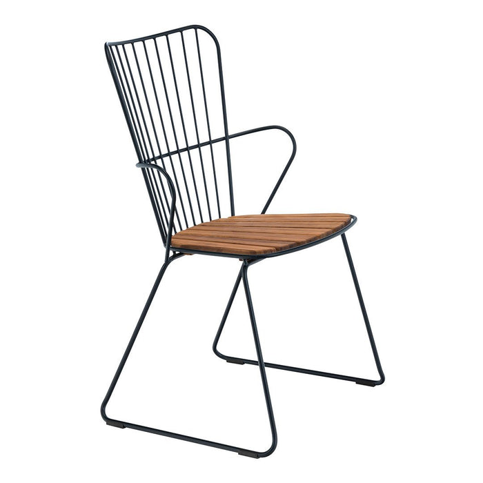 Black metal chair with a striped backrest and warm wooden seat, combining modern design with natural elements.