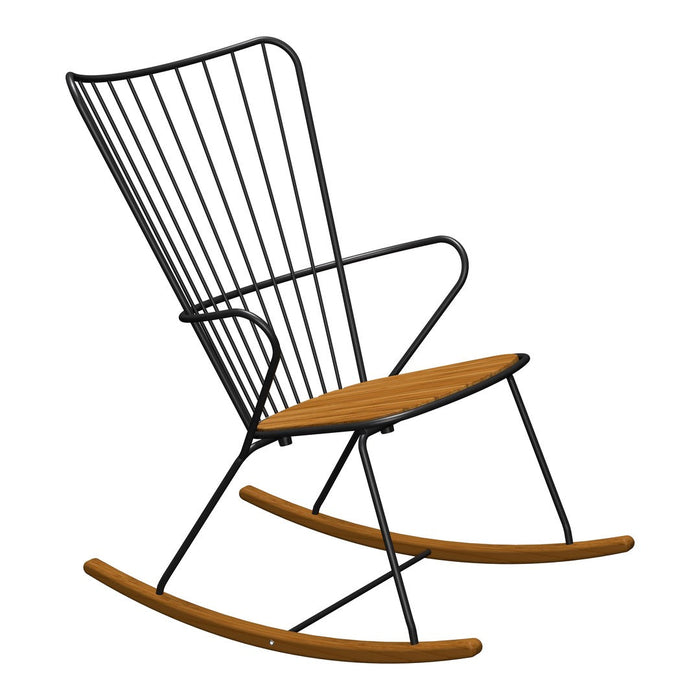 Modern black wire rocking chair with a warm wooden seat, showcasing a sleek and stylish design.