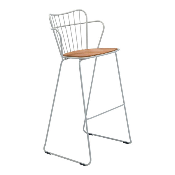White metal frame with wooden seat, featuring a sleek wire pattern and minimalist design. Perfect for modern decor.