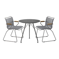 Gray striped metal bistro table set with two matching chairs featuring wooden armrests. Modern minimalistic design.
