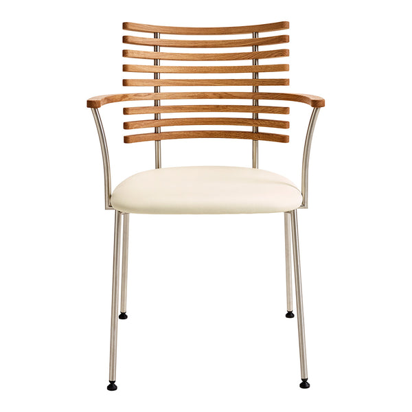 Beige cushioned chair with natural wood slat backrest and silver metal legs, featuring a modern, minimalist design.