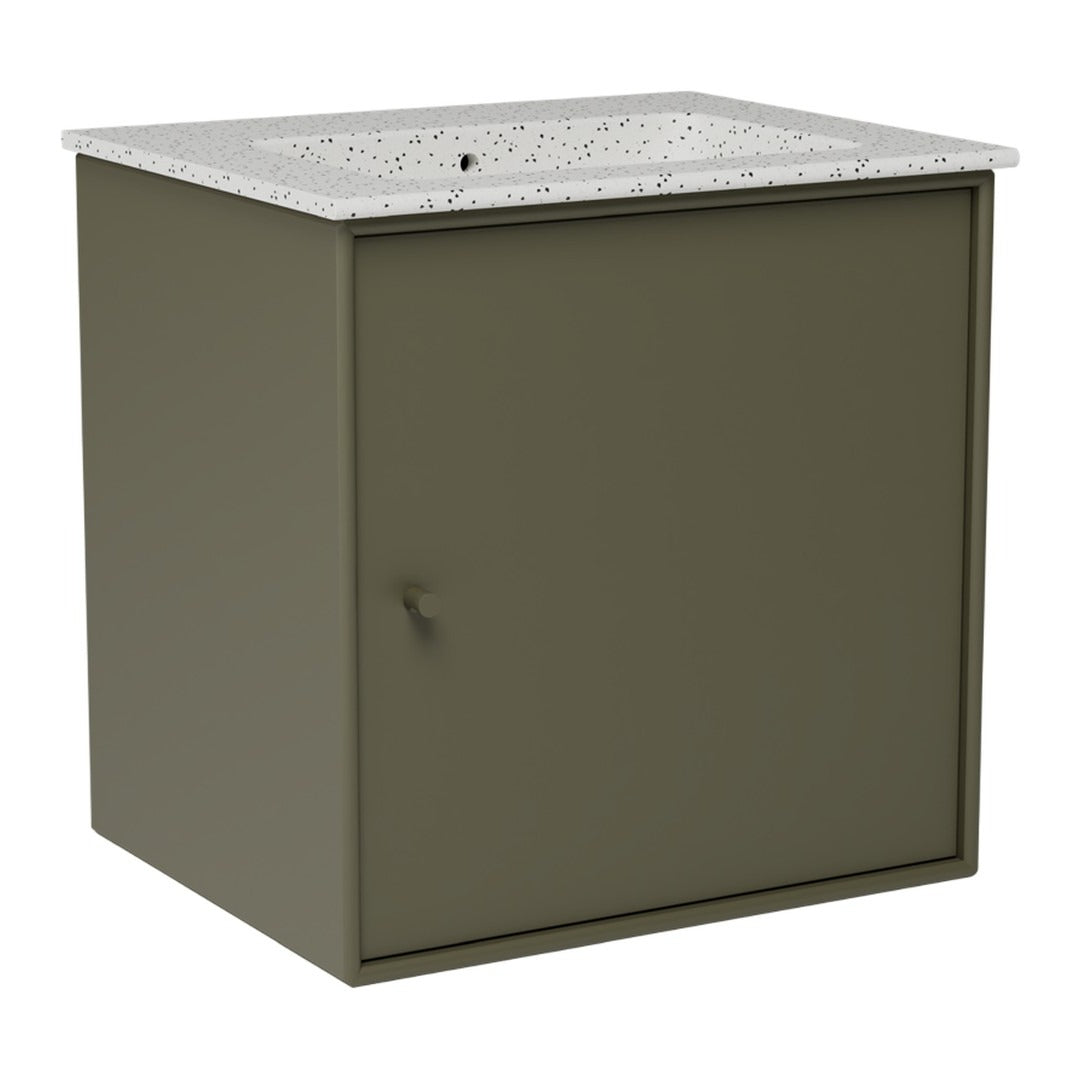 Olive green cabinet with a speckled white countertop, modern design, featuring a sleek, minimalist look.