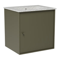 Olive green cabinet with a speckled white countertop, modern design, featuring a sleek, minimalist look.