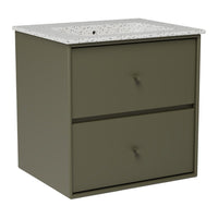 Olive green cabinet with two drawers and a speckled white countertop design. Modern and sleek storage solution.